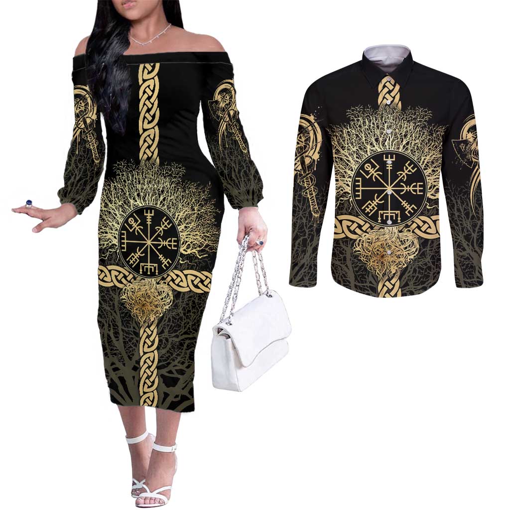 Vegvisir Compass Viking Couples Matching Off The Shoulder Long Sleeve Dress and Long Sleeve Button Shirt with Yggdrasil Tree and Axe Symbols Norse Mythology Tribute - Wonder Print Shop
