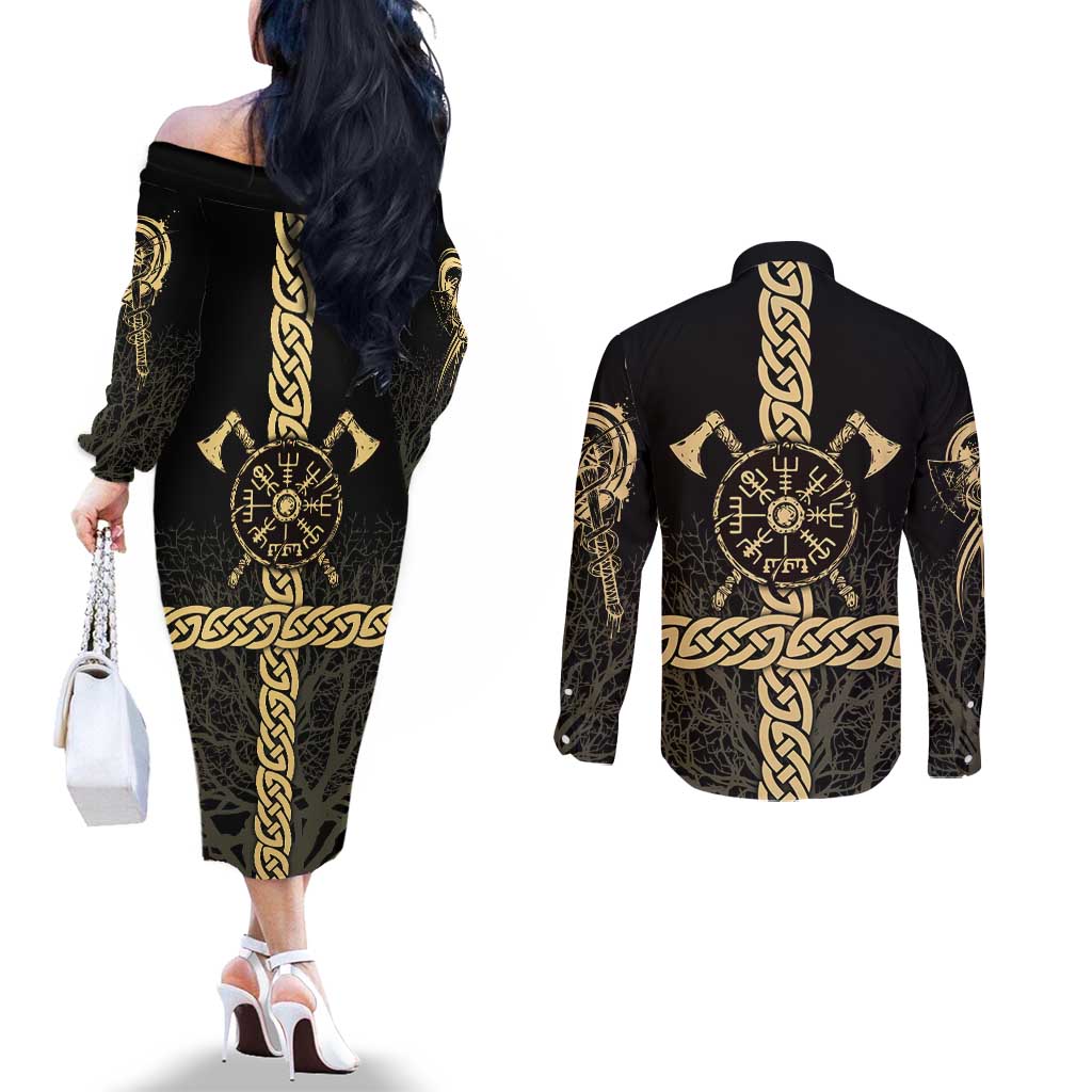 Vegvisir Compass Viking Couples Matching Off The Shoulder Long Sleeve Dress and Long Sleeve Button Shirt with Yggdrasil Tree and Axe Symbols Norse Mythology Tribute - Wonder Print Shop