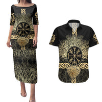 Vegvisir Compass Viking Couples Matching Puletasi and Hawaiian Shirt with Yggdrasil Tree and Axe Symbols Norse Mythology Tribute - Wonder Print Shop