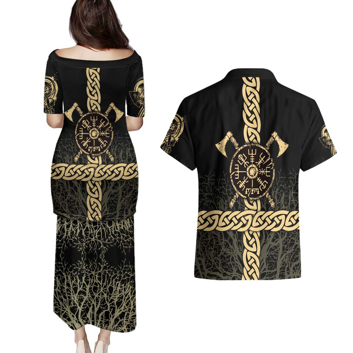 Vegvisir Compass Viking Couples Matching Puletasi and Hawaiian Shirt with Yggdrasil Tree and Axe Symbols Norse Mythology Tribute - Wonder Print Shop