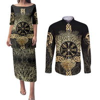 Vegvisir Compass Viking Couples Matching Puletasi and Long Sleeve Button Shirt with Yggdrasil Tree and Axe Symbols Norse Mythology Tribute - Wonder Print Shop