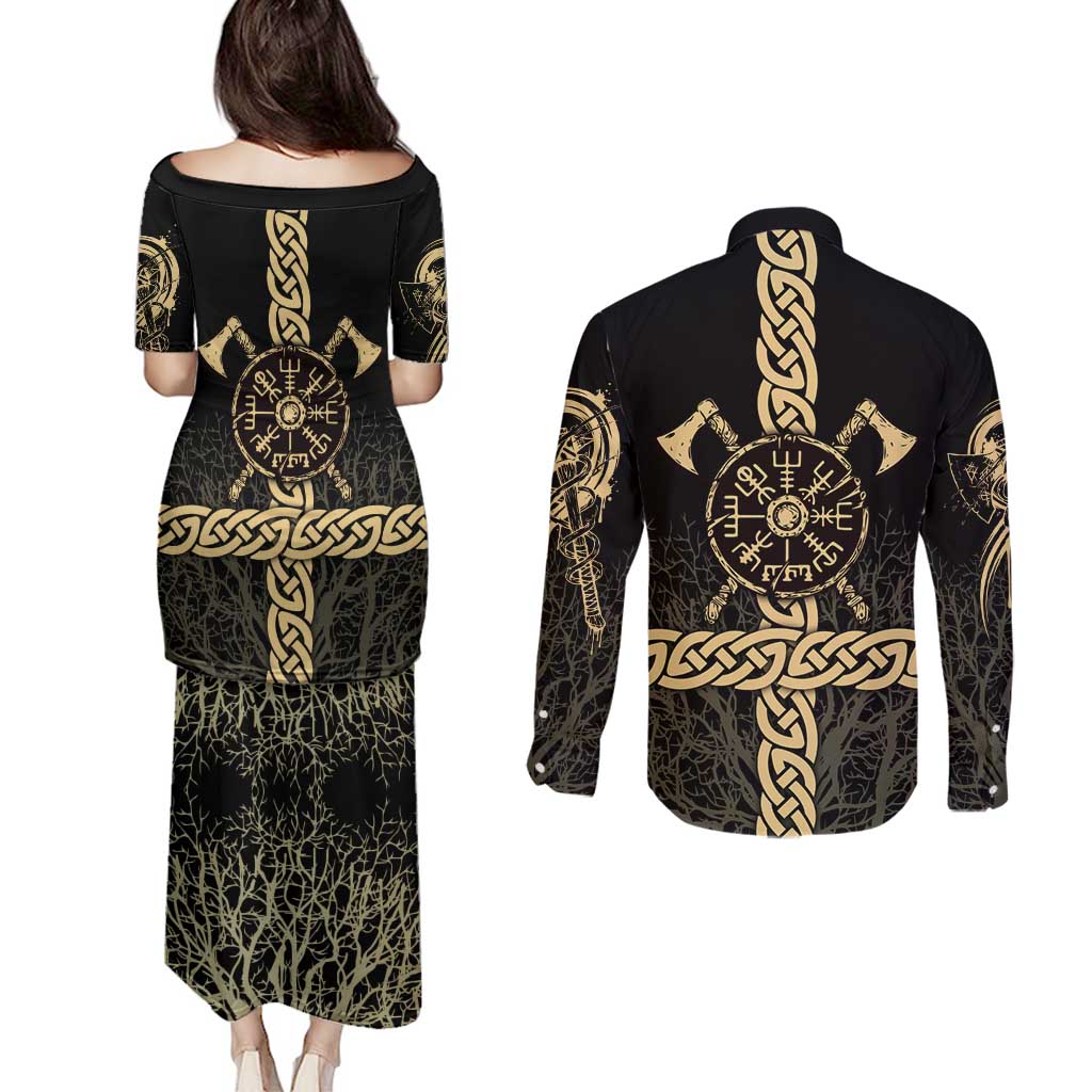 Vegvisir Compass Viking Couples Matching Puletasi and Long Sleeve Button Shirt with Yggdrasil Tree and Axe Symbols Norse Mythology Tribute - Wonder Print Shop