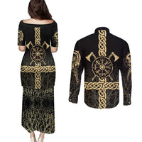 Vegvisir Compass Viking Couples Matching Puletasi and Long Sleeve Button Shirt with Yggdrasil Tree and Axe Symbols Norse Mythology Tribute - Wonder Print Shop