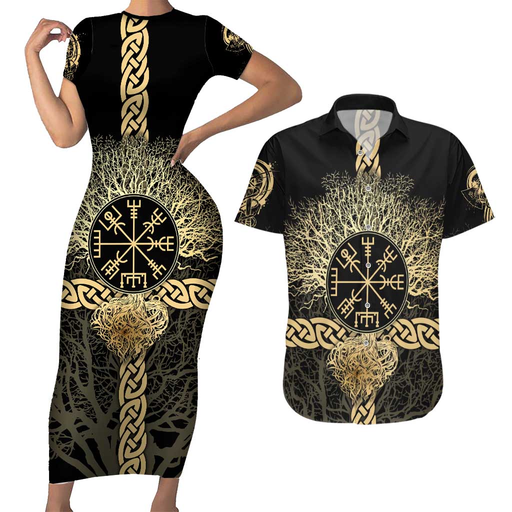Vegvisir Compass Viking Couples Matching Short Sleeve Bodycon Dress and Hawaiian Shirt with Yggdrasil Tree and Axe Symbols Norse Mythology Tribute - Wonder Print Shop