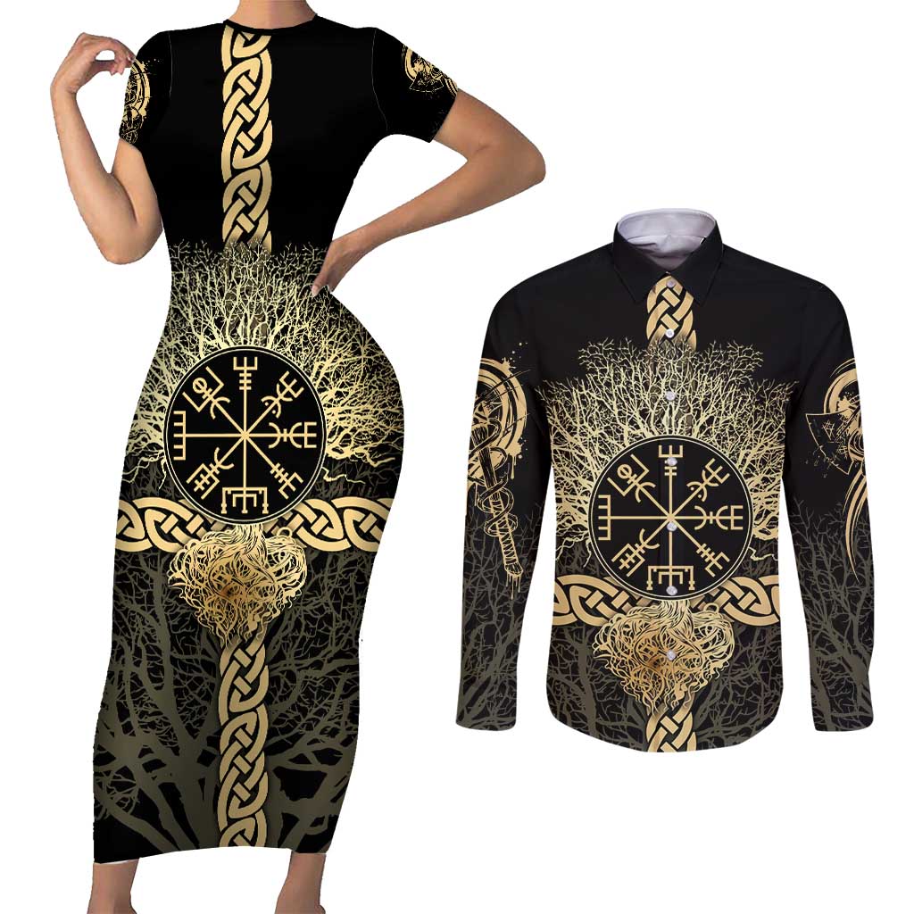 Vegvisir Compass Viking Couples Matching Short Sleeve Bodycon Dress and Long Sleeve Button Shirt with Yggdrasil Tree and Axe Symbols Norse Mythology Tribute - Wonder Print Shop