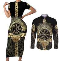 Vegvisir Compass Viking Couples Matching Short Sleeve Bodycon Dress and Long Sleeve Button Shirt with Yggdrasil Tree and Axe Symbols Norse Mythology Tribute - Wonder Print Shop