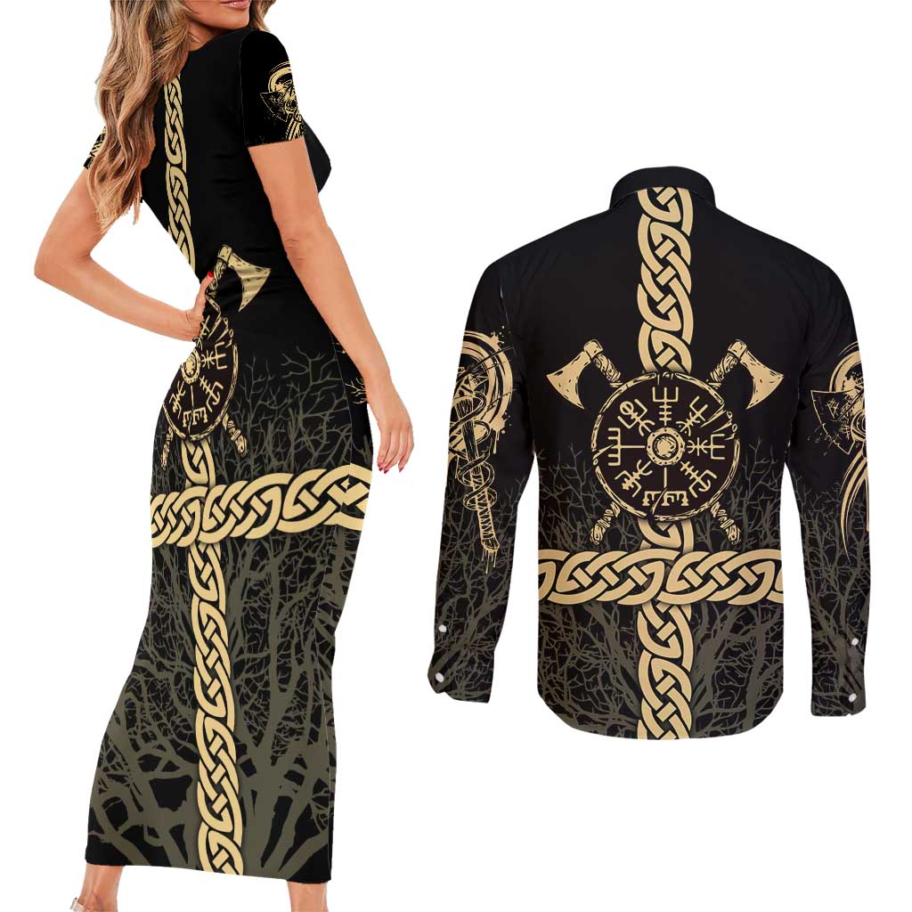Vegvisir Compass Viking Couples Matching Short Sleeve Bodycon Dress and Long Sleeve Button Shirt with Yggdrasil Tree and Axe Symbols Norse Mythology Tribute - Wonder Print Shop