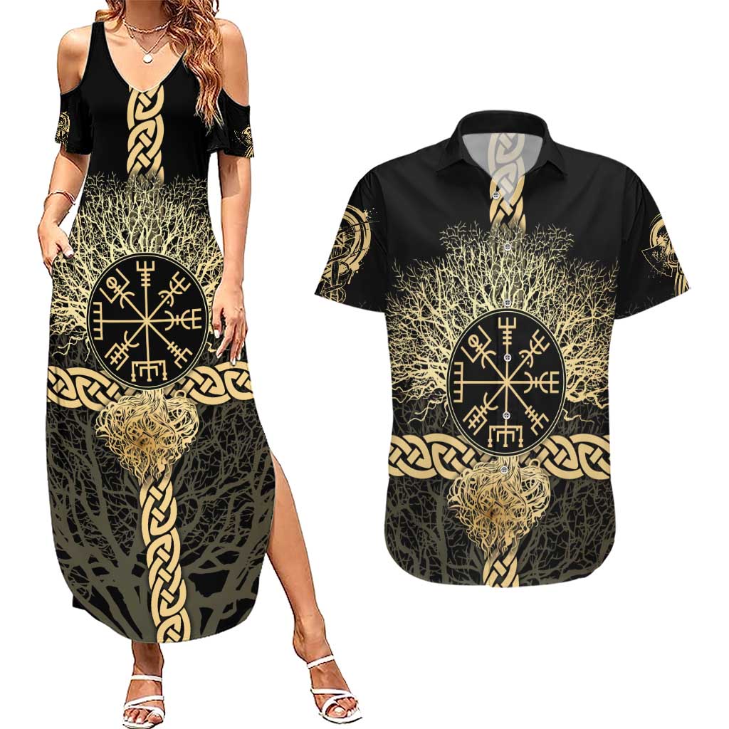 Vegvisir Compass Viking Couples Matching Summer Maxi Dress and Hawaiian Shirt with Yggdrasil Tree and Axe Symbols Norse Mythology Tribute - Wonder Print Shop