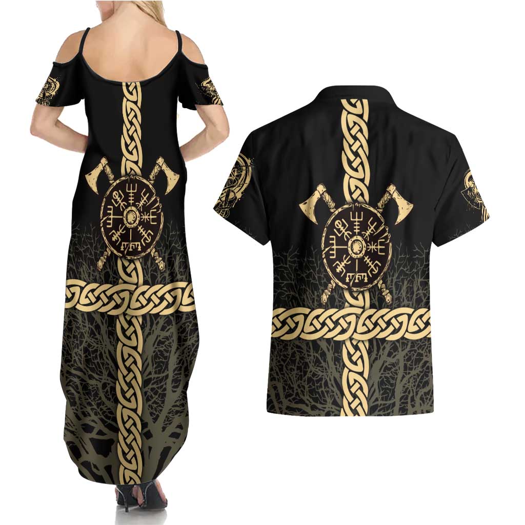 Vegvisir Compass Viking Couples Matching Summer Maxi Dress and Hawaiian Shirt with Yggdrasil Tree and Axe Symbols Norse Mythology Tribute - Wonder Print Shop