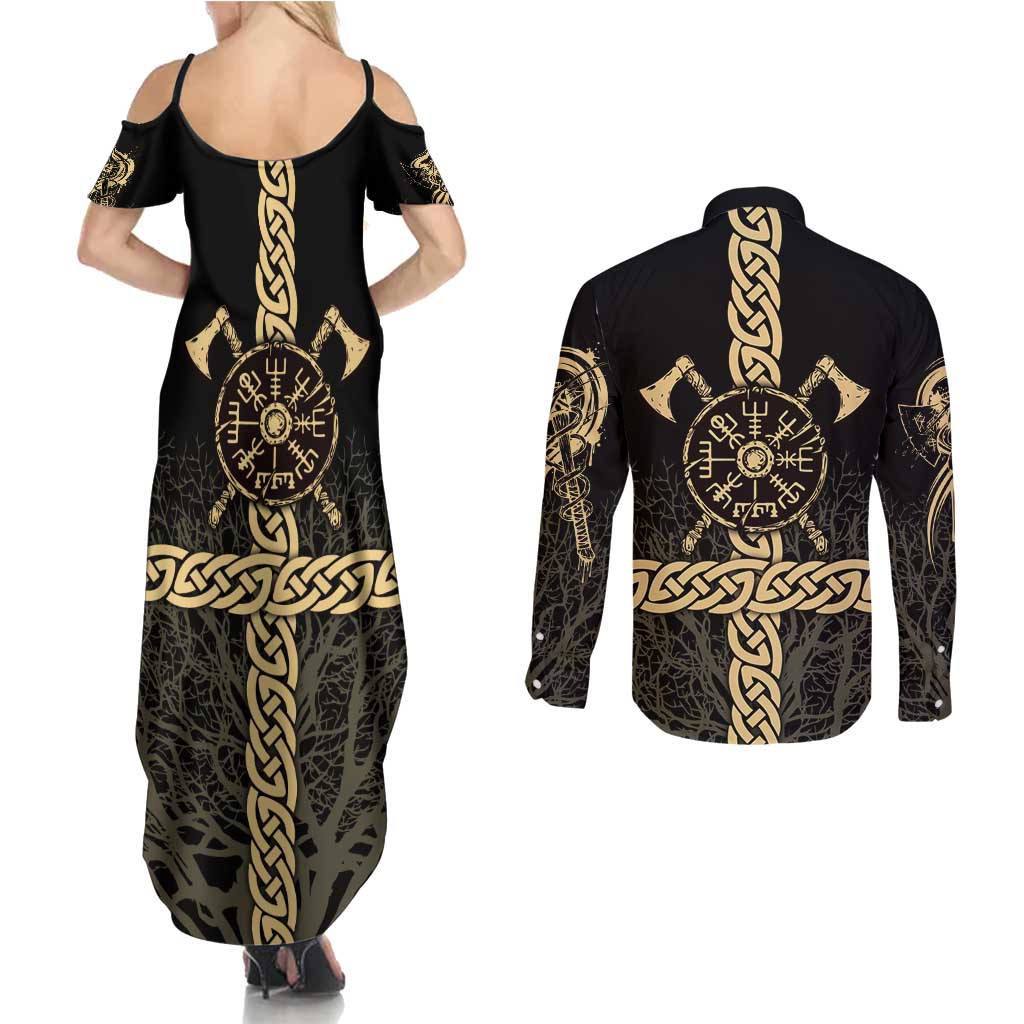 Vegvisir Compass Viking Couples Matching Summer Maxi Dress and Long Sleeve Button Shirt with Yggdrasil Tree and Axe Symbols Norse Mythology Tribute - Wonder Print Shop