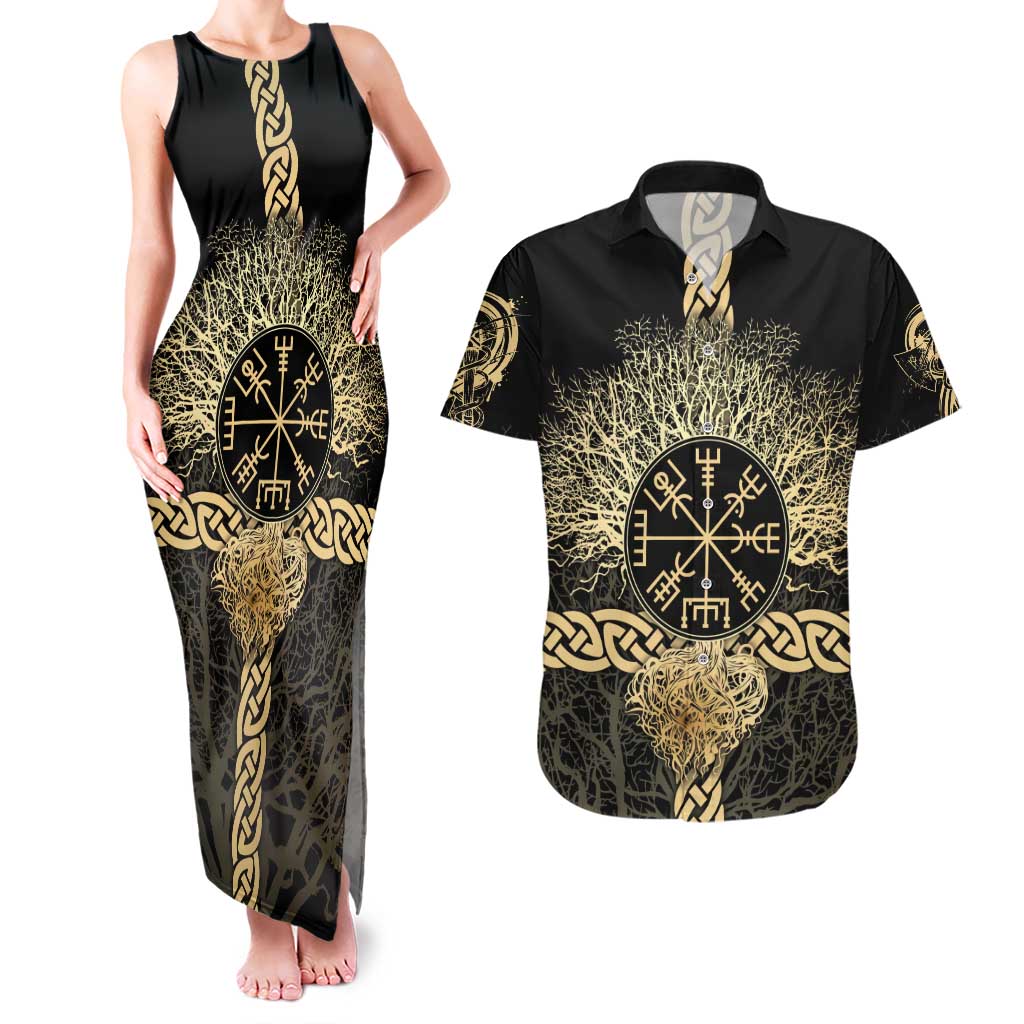 Vegvisir Compass Viking Couples Matching Tank Maxi Dress and Hawaiian Shirt with Yggdrasil Tree and Axe Symbols Norse Mythology Tribute - Wonder Print Shop