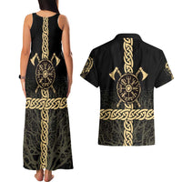 Vegvisir Compass Viking Couples Matching Tank Maxi Dress and Hawaiian Shirt with Yggdrasil Tree and Axe Symbols Norse Mythology Tribute - Wonder Print Shop