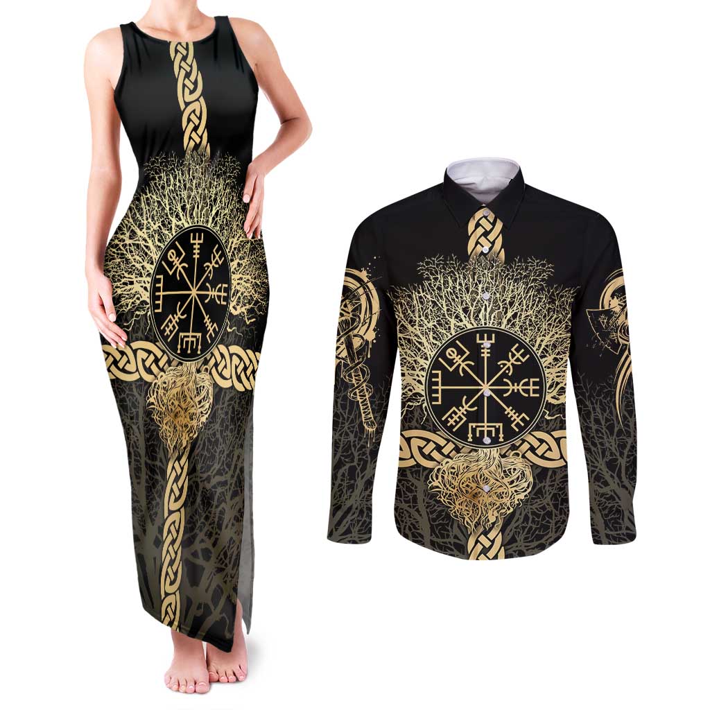 Vegvisir Compass Viking Couples Matching Tank Maxi Dress and Long Sleeve Button Shirt with Yggdrasil Tree and Axe Symbols Norse Mythology Tribute - Wonder Print Shop