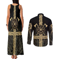 Vegvisir Compass Viking Couples Matching Tank Maxi Dress and Long Sleeve Button Shirt with Yggdrasil Tree and Axe Symbols Norse Mythology Tribute - Wonder Print Shop