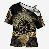 Vegvisir Compass Viking Cross Shoulder Shirt with Yggdrasil Tree and Axe Symbols Norse Mythology Tribute - Wonder Print Shop