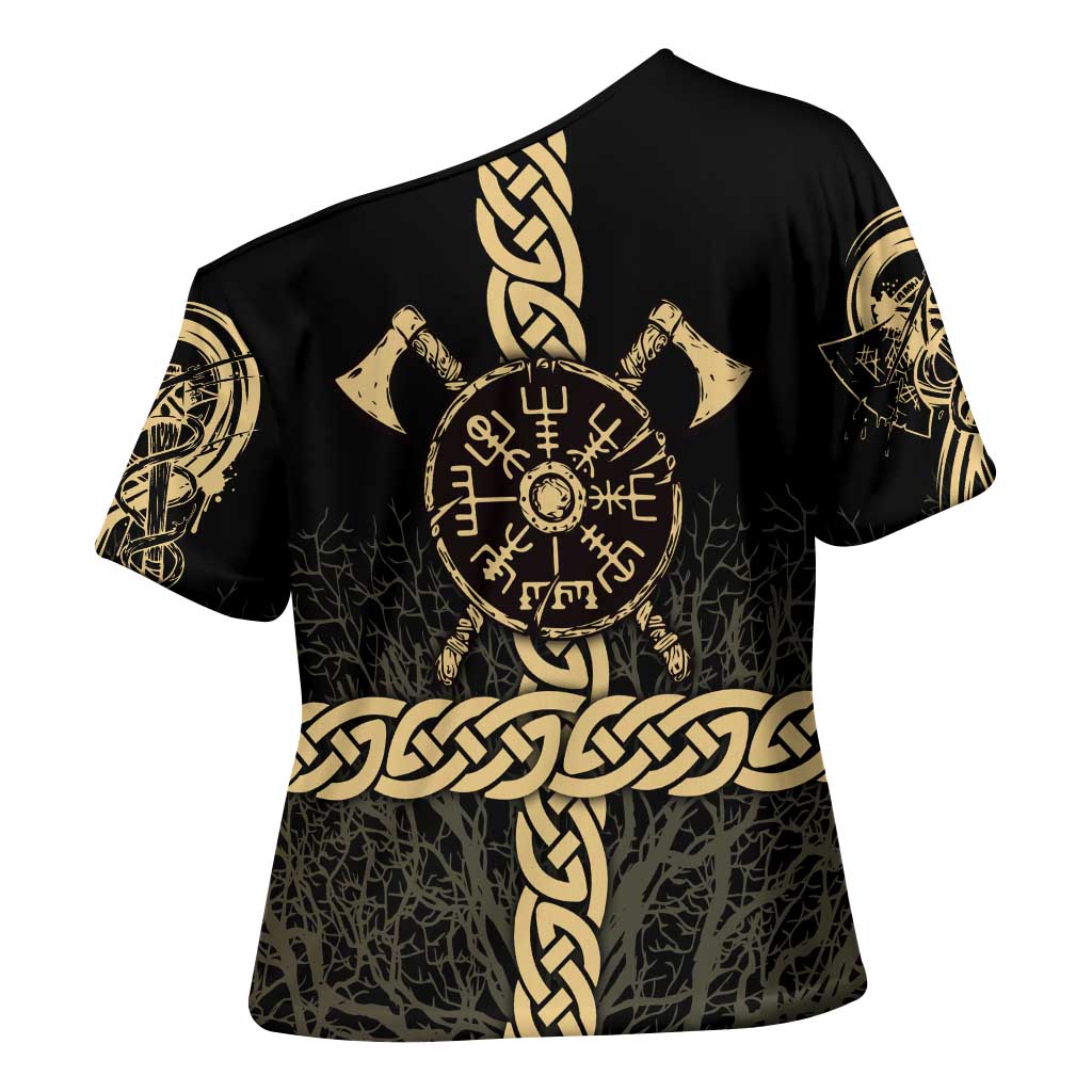 Vegvisir Compass Viking Cross Shoulder Shirt with Yggdrasil Tree and Axe Symbols Norse Mythology Tribute - Wonder Print Shop