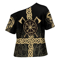 Vegvisir Compass Viking Cross Shoulder Shirt with Yggdrasil Tree and Axe Symbols Norse Mythology Tribute - Wonder Print Shop