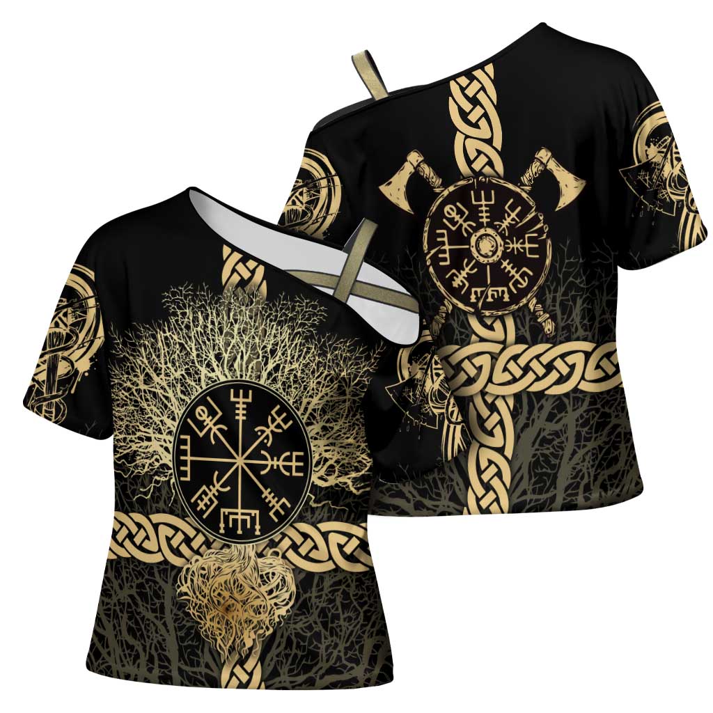 Vegvisir Compass Viking Cross Shoulder Shirt with Yggdrasil Tree and Axe Symbols Norse Mythology Tribute - Wonder Print Shop