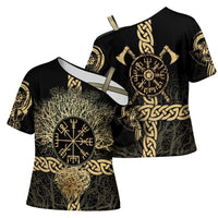 Vegvisir Compass Viking Cross Shoulder Shirt with Yggdrasil Tree and Axe Symbols Norse Mythology Tribute - Wonder Print Shop