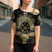 Vegvisir Compass Viking Cross Shoulder Shirt with Yggdrasil Tree and Axe Symbols Norse Mythology Tribute - Wonder Print Shop