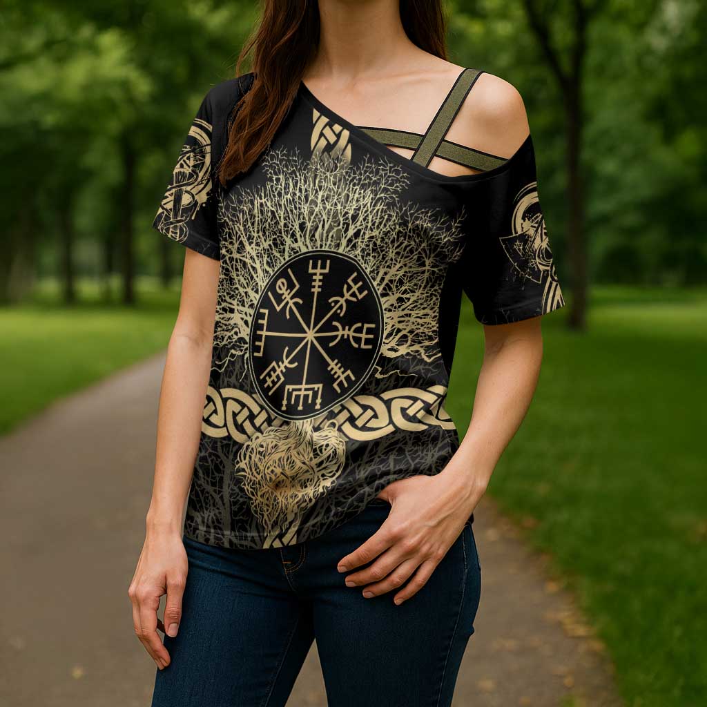 Vegvisir Compass Viking Cross Shoulder Shirt with Yggdrasil Tree and Axe Symbols Norse Mythology Tribute - Wonder Print Shop