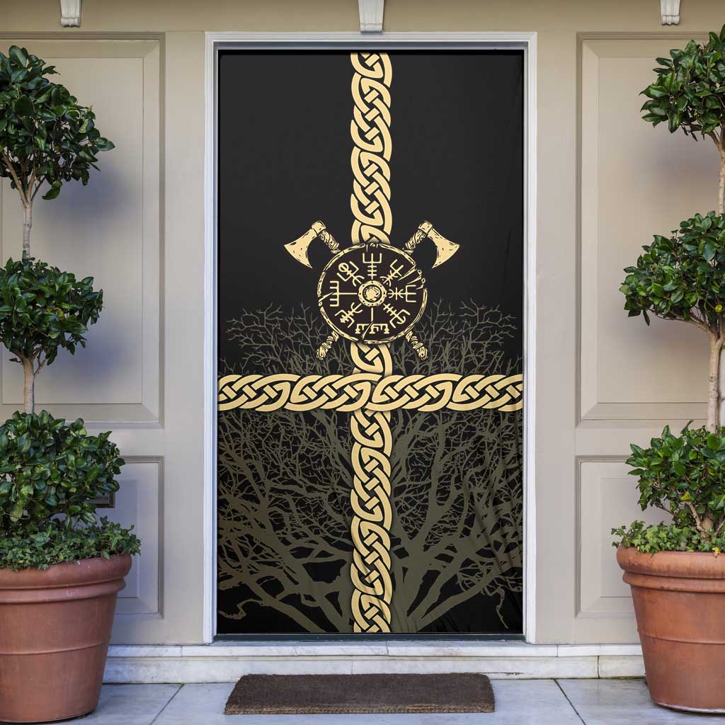 Vegvisir Compass Viking Door Cover with Yggdrasil Tree and Axe Symbols Norse Mythology Tribute - Wonder Print Shop