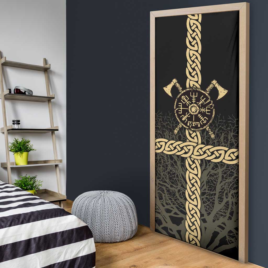 Vegvisir Compass Viking Door Cover with Yggdrasil Tree and Axe Symbols Norse Mythology Tribute - Wonder Print Shop