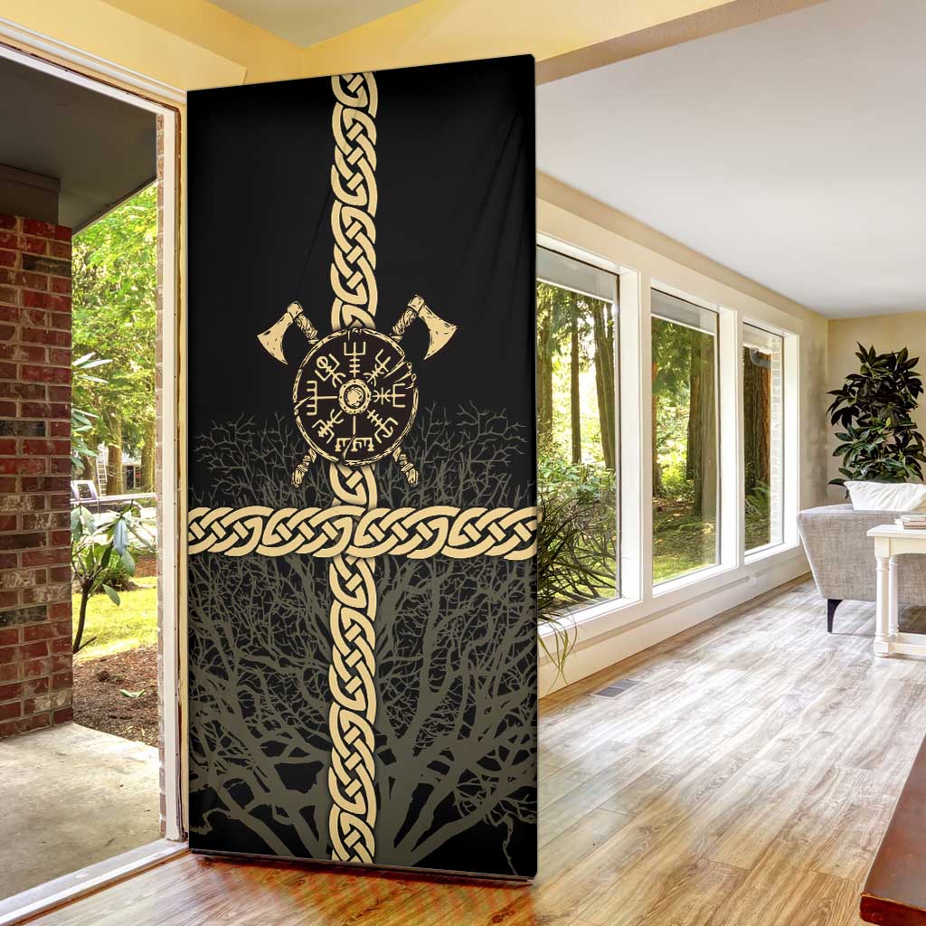 Vegvisir Compass Viking Door Cover with Yggdrasil Tree and Axe Symbols Norse Mythology Tribute - Wonder Print Shop