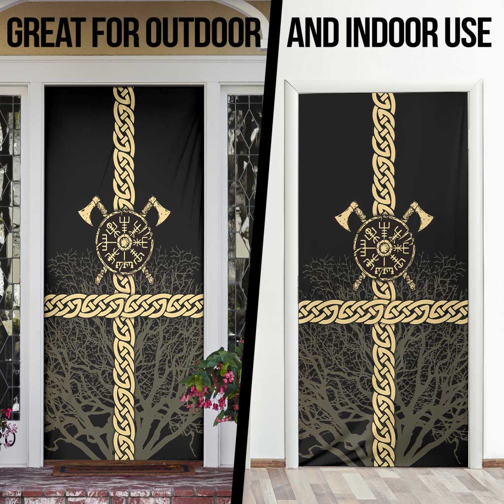 Vegvisir Compass Viking Door Cover with Yggdrasil Tree and Axe Symbols Norse Mythology Tribute - Wonder Print Shop