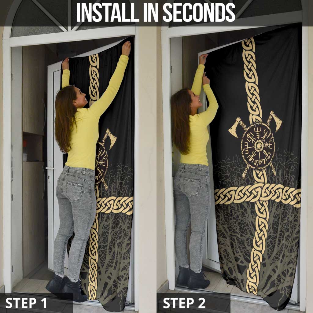 Vegvisir Compass Viking Door Cover with Yggdrasil Tree and Axe Symbols Norse Mythology Tribute - Wonder Print Shop