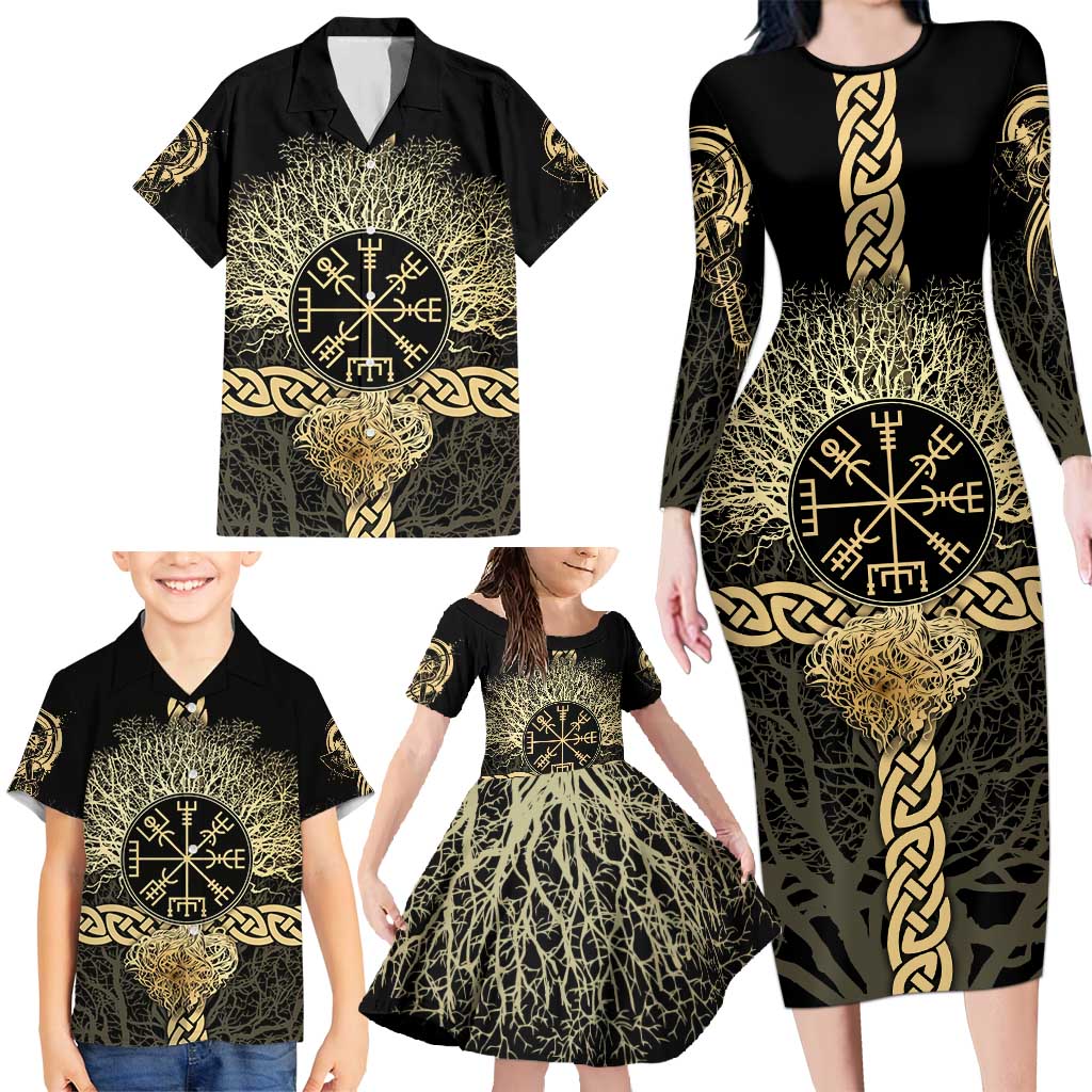 Vegvisir Compass Viking Family Matching Long Sleeve Bodycon Dress and Hawaiian Shirt with Yggdrasil Tree and Axe Symbols Norse Mythology Tribute - Wonder Print Shop
