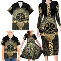 Vegvisir Compass Viking Family Matching Long Sleeve Bodycon Dress and Hawaiian Shirt with Yggdrasil Tree and Axe Symbols Norse Mythology Tribute - Wonder Print Shop
