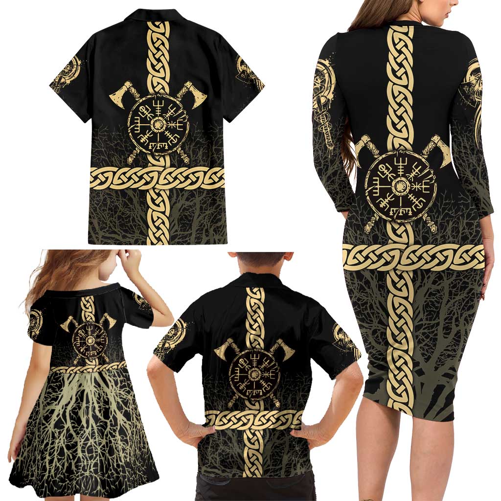 Vegvisir Compass Viking Family Matching Long Sleeve Bodycon Dress and Hawaiian Shirt with Yggdrasil Tree and Axe Symbols Norse Mythology Tribute - Wonder Print Shop