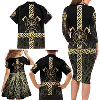 Vegvisir Compass Viking Family Matching Long Sleeve Bodycon Dress and Hawaiian Shirt with Yggdrasil Tree and Axe Symbols Norse Mythology Tribute - Wonder Print Shop
