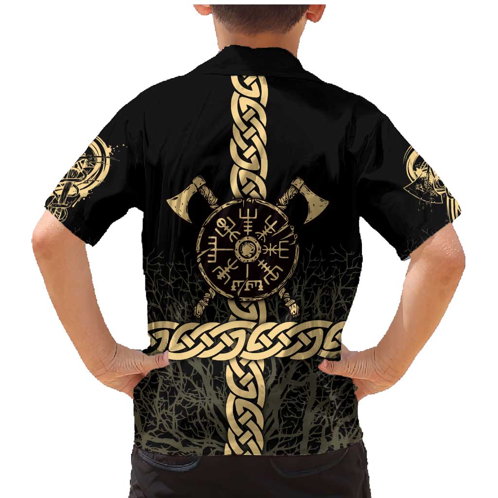 Vegvisir Compass Viking Family Matching Mermaid Dress and Hawaiian Shirt with Yggdrasil Tree and Axe Symbols Norse Mythology Tribute - Wonder Print Shop