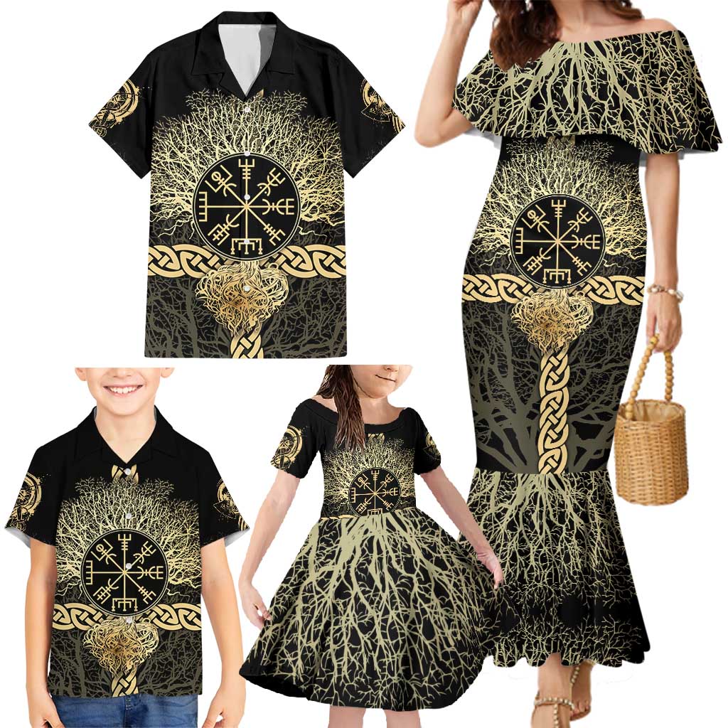 Vegvisir Compass Viking Family Matching Mermaid Dress and Hawaiian Shirt with Yggdrasil Tree and Axe Symbols Norse Mythology Tribute - Wonder Print Shop