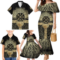Vegvisir Compass Viking Family Matching Mermaid Dress and Hawaiian Shirt with Yggdrasil Tree and Axe Symbols Norse Mythology Tribute - Wonder Print Shop