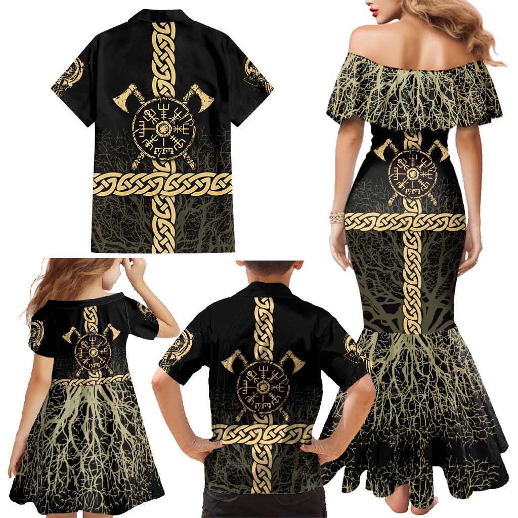 Vegvisir Compass Viking Family Matching Mermaid Dress and Hawaiian Shirt with Yggdrasil Tree and Axe Symbols Norse Mythology Tribute - Wonder Print Shop
