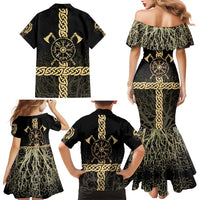 Vegvisir Compass Viking Family Matching Mermaid Dress and Hawaiian Shirt with Yggdrasil Tree and Axe Symbols Norse Mythology Tribute - Wonder Print Shop