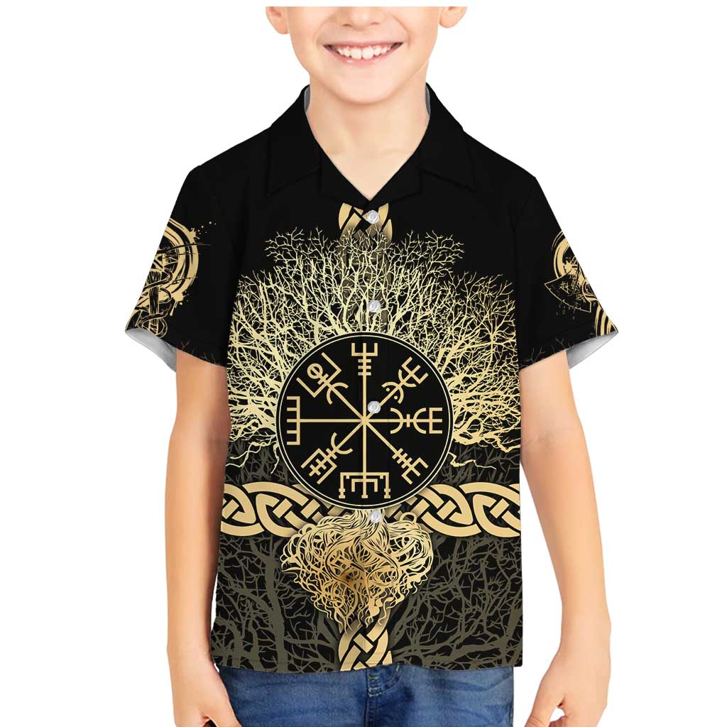 Vegvisir Compass Viking Family Matching Mermaid Dress and Hawaiian Shirt with Yggdrasil Tree and Axe Symbols Norse Mythology Tribute - Wonder Print Shop
