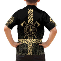 Vegvisir Compass Viking Family Matching Off The Shoulder Long Sleeve Dress and Hawaiian Shirt with Yggdrasil Tree and Axe Symbols Norse Mythology Tribute - Wonder Print Shop