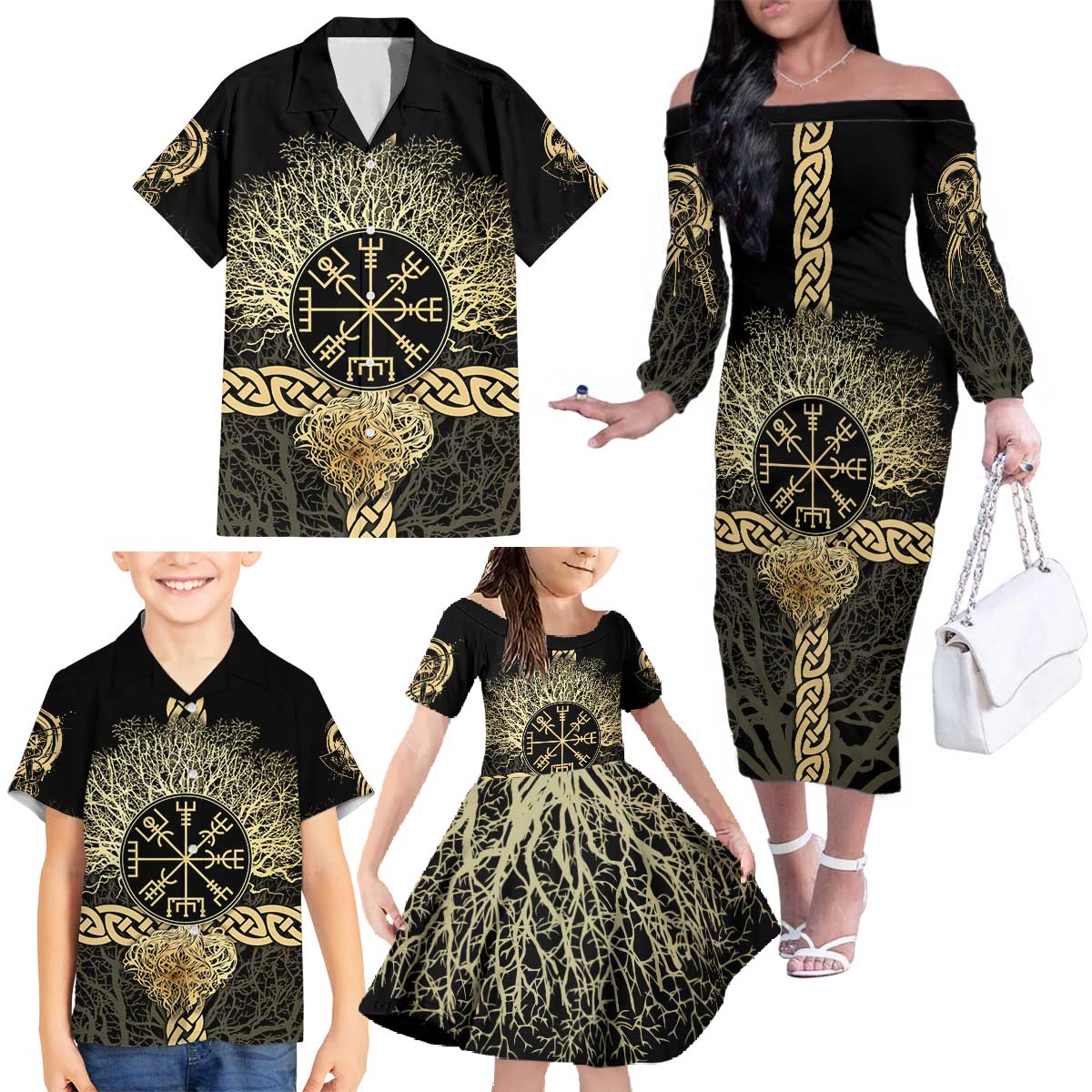 Vegvisir Compass Viking Family Matching Off The Shoulder Long Sleeve Dress and Hawaiian Shirt with Yggdrasil Tree and Axe Symbols Norse Mythology Tribute - Wonder Print Shop