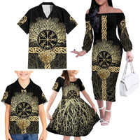 Vegvisir Compass Viking Family Matching Off The Shoulder Long Sleeve Dress and Hawaiian Shirt with Yggdrasil Tree and Axe Symbols Norse Mythology Tribute - Wonder Print Shop