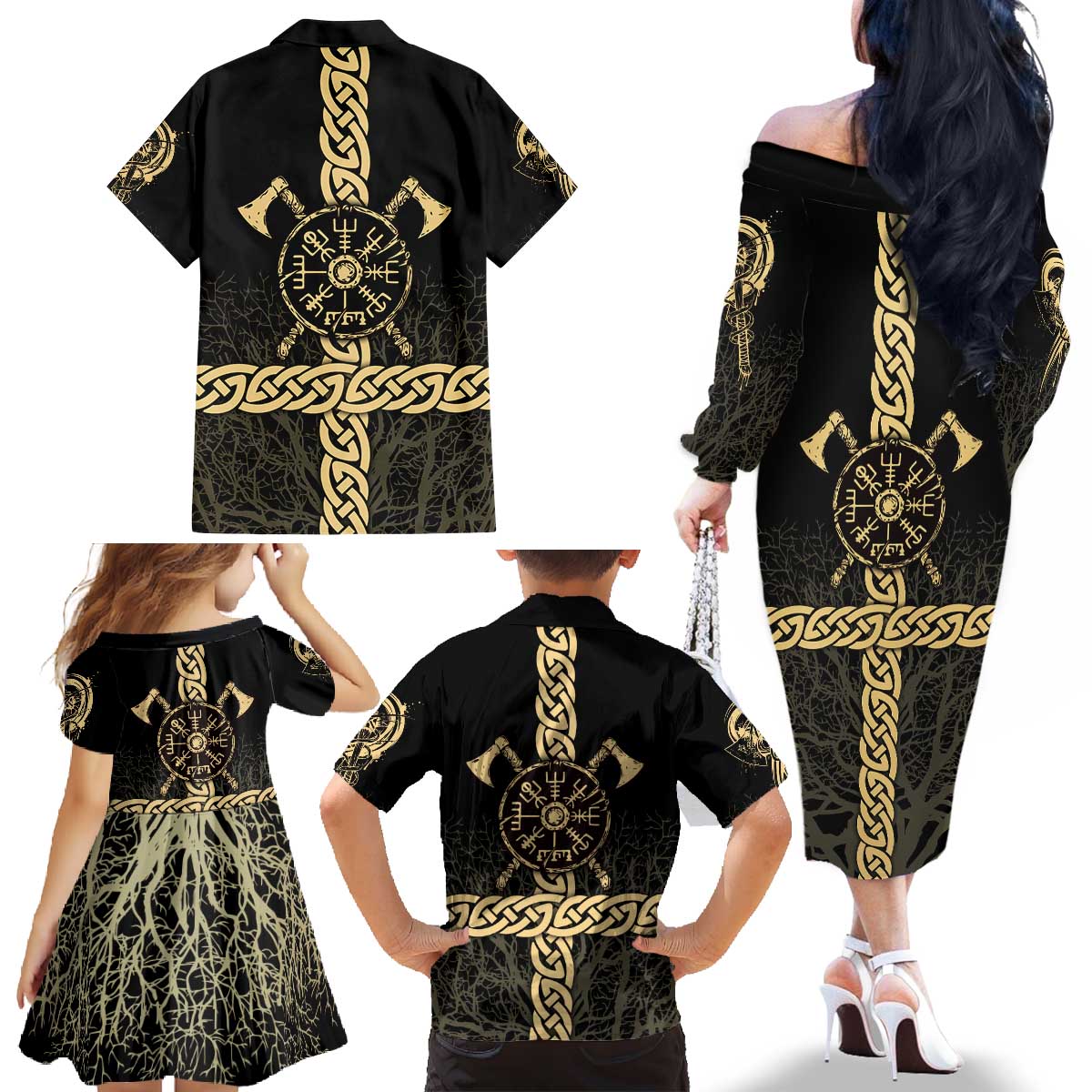 Vegvisir Compass Viking Family Matching Off The Shoulder Long Sleeve Dress and Hawaiian Shirt with Yggdrasil Tree and Axe Symbols Norse Mythology Tribute - Wonder Print Shop