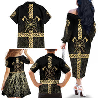 Vegvisir Compass Viking Family Matching Off The Shoulder Long Sleeve Dress and Hawaiian Shirt with Yggdrasil Tree and Axe Symbols Norse Mythology Tribute - Wonder Print Shop