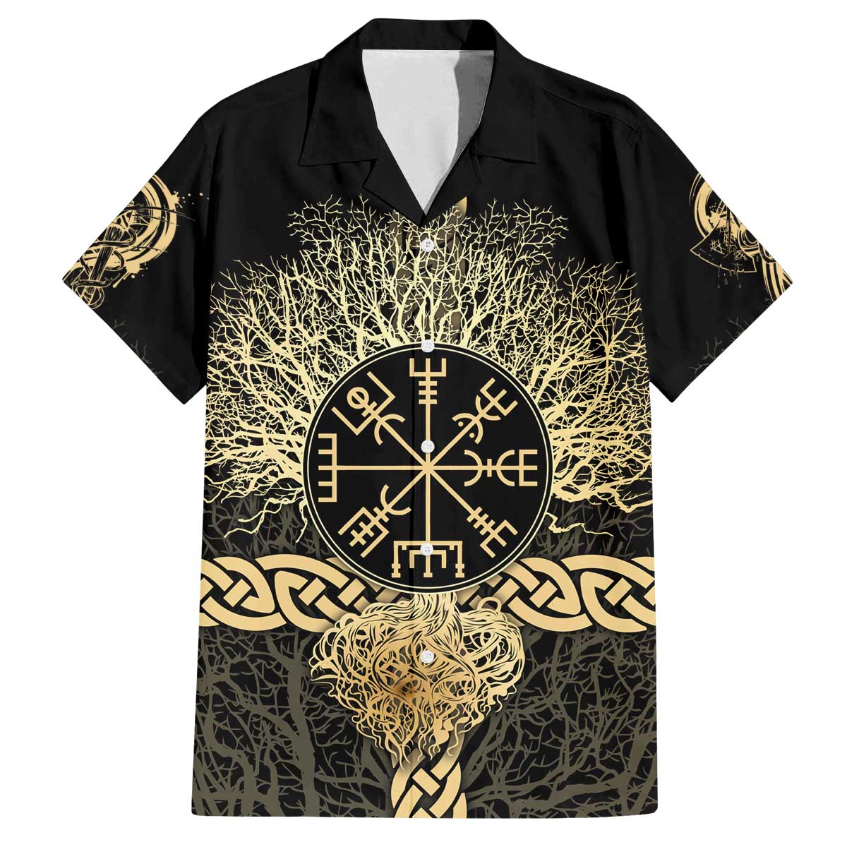 Vegvisir Compass Viking Family Matching Off The Shoulder Long Sleeve Dress and Hawaiian Shirt with Yggdrasil Tree and Axe Symbols Norse Mythology Tribute - Wonder Print Shop