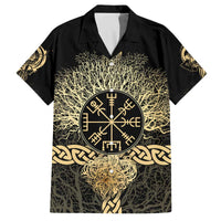Vegvisir Compass Viking Family Matching Off The Shoulder Long Sleeve Dress and Hawaiian Shirt with Yggdrasil Tree and Axe Symbols Norse Mythology Tribute - Wonder Print Shop