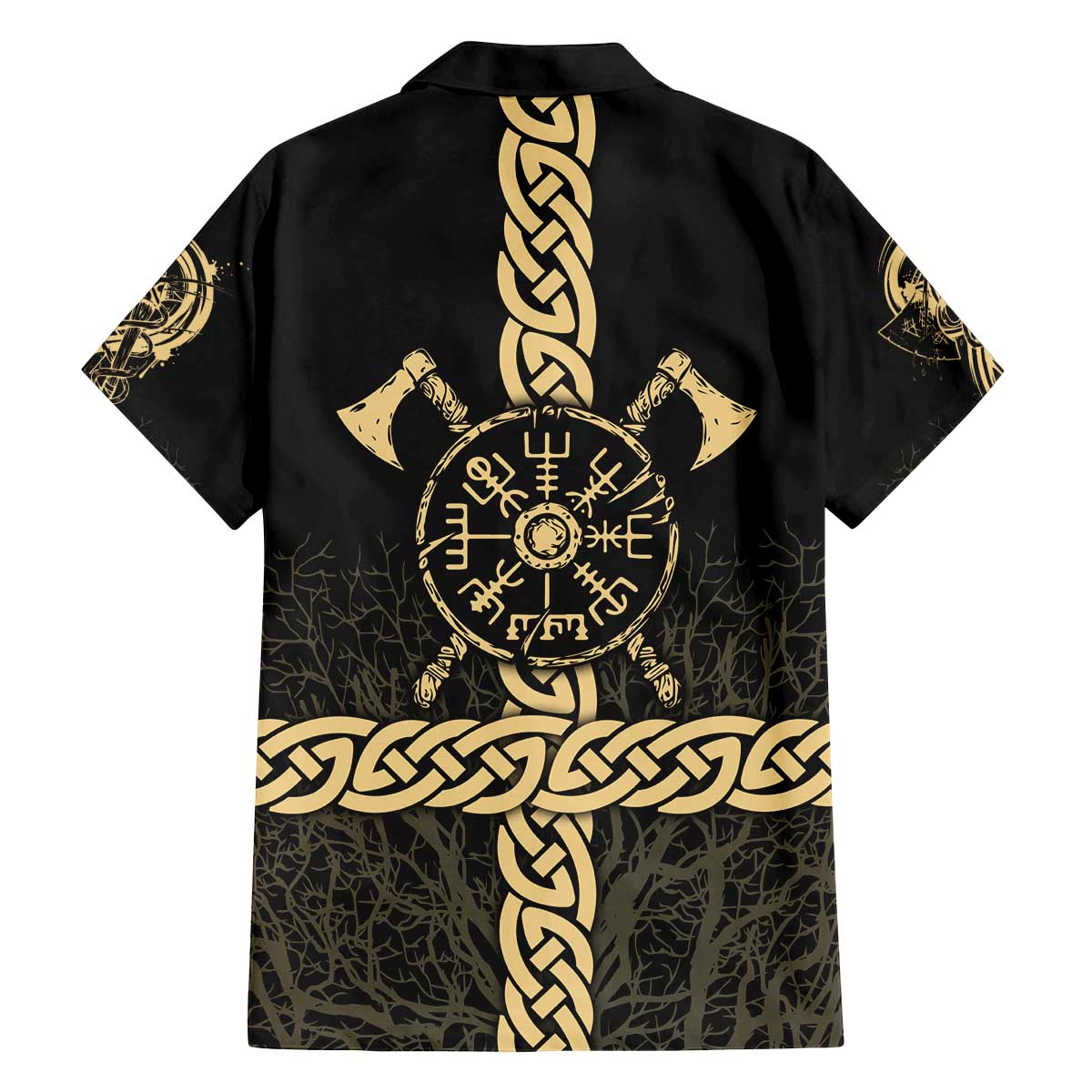 Vegvisir Compass Viking Family Matching Off The Shoulder Long Sleeve Dress and Hawaiian Shirt with Yggdrasil Tree and Axe Symbols Norse Mythology Tribute - Wonder Print Shop