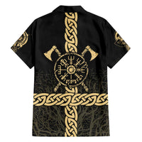 Vegvisir Compass Viking Family Matching Off The Shoulder Long Sleeve Dress and Hawaiian Shirt with Yggdrasil Tree and Axe Symbols Norse Mythology Tribute - Wonder Print Shop