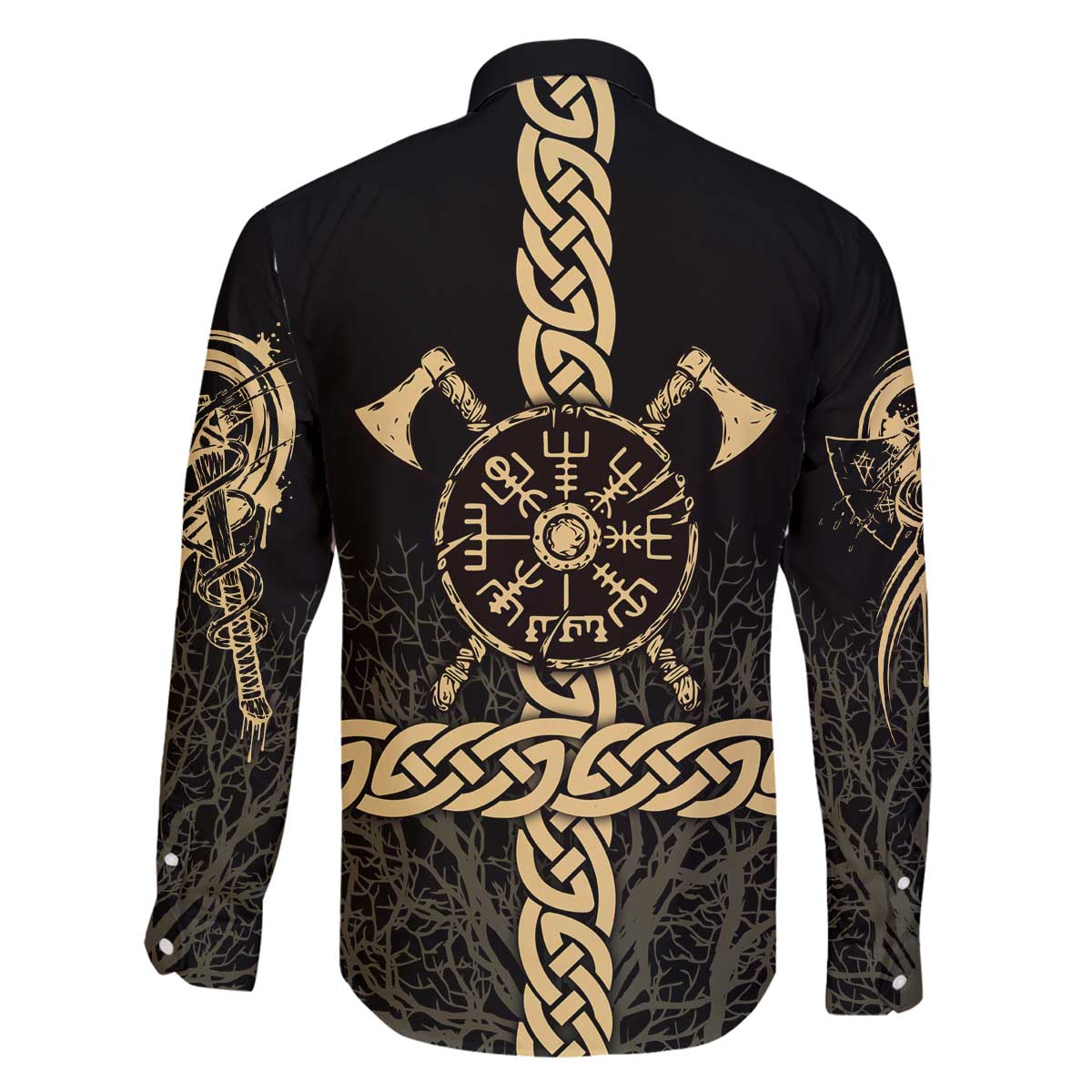 Vegvisir Compass Viking Family Matching Off The Shoulder Long Sleeve Dress and Hawaiian Shirt with Yggdrasil Tree and Axe Symbols Norse Mythology Tribute - Wonder Print Shop